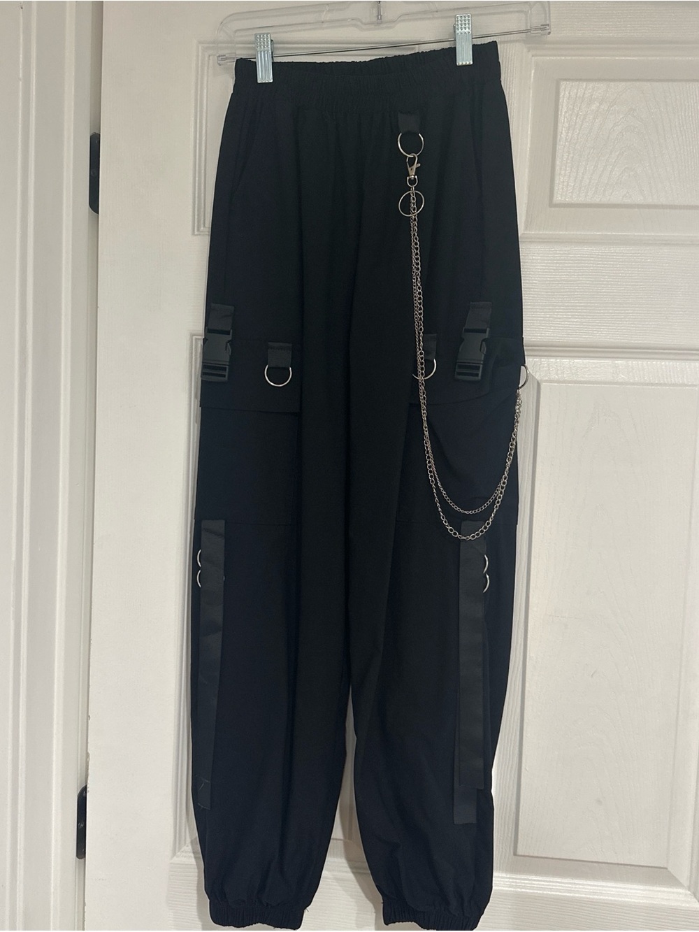 Black Cargo Joggers with Chain & Buckle Details